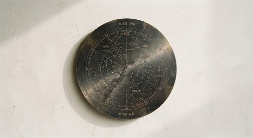 蝕刻星空的圓形金屬盤，掛在灰泥牆上